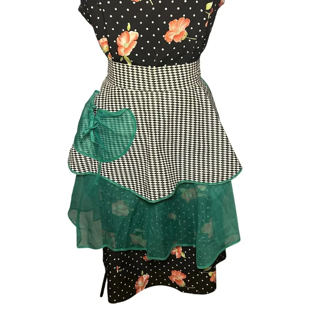 VTG 1950s Harlequin Organza Hostess Apron Green Sheer Ruffle Miu Miu Style OS